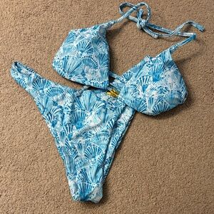 Blue and White Shell Print Bikini